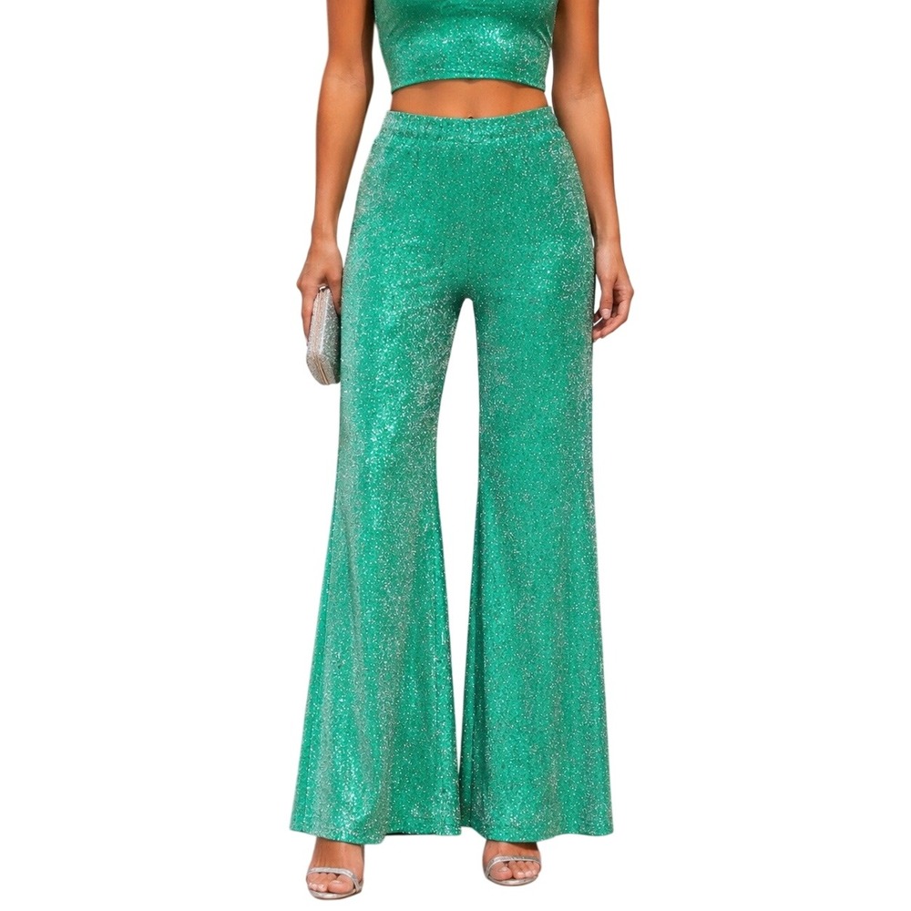 Frankie's Bikinis Women's Johnson Terry Lurex Flare Pants‎ Mistletoe Green Sz XS